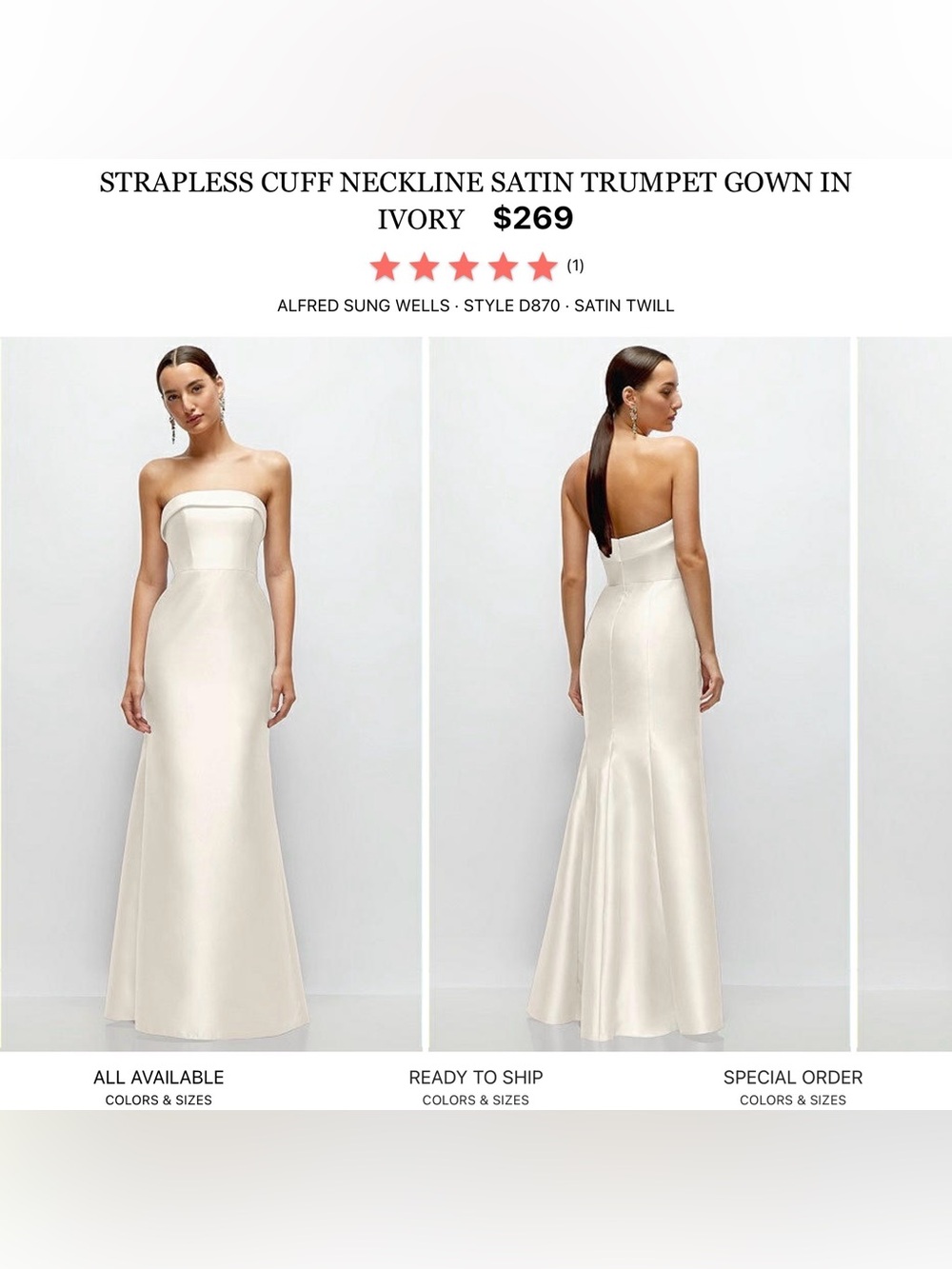ALFRED SUNG Strapless Satin Trumpet Gown in Ivory